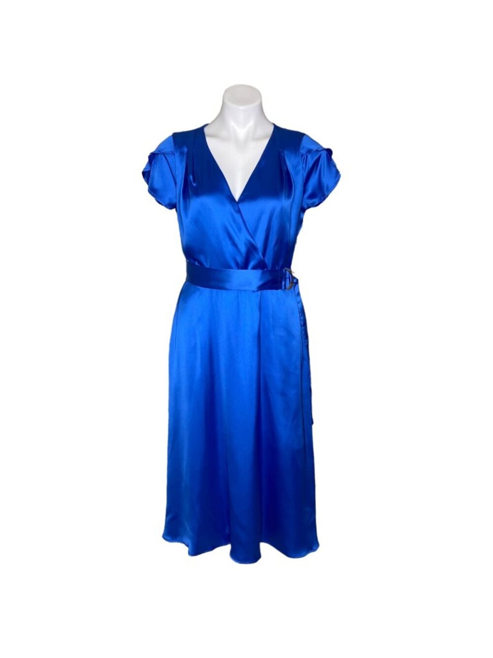 Tahari ASL NWT Women's Royal Blue Satin Midi Wrap Dress, Cap Sleeves Size 8